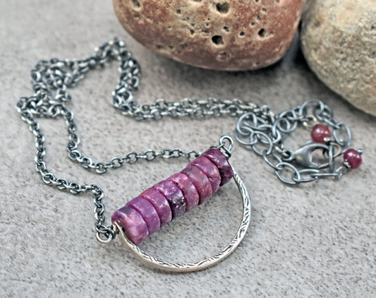 Simple Lepidolite Sterling Silver Necklace, Artisan Boho Style Jewelry Handmade, Rustic Purple Stone Pendant