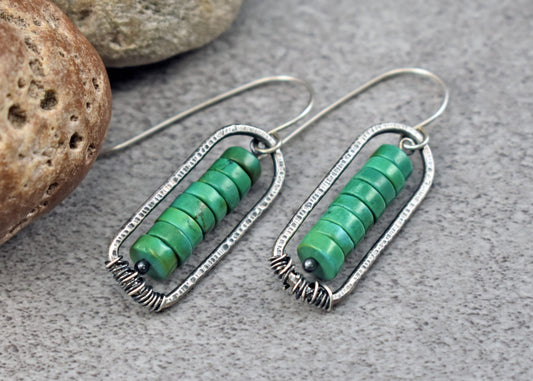 Turquoise Sterling Silver Earrings, Rustic Boho Jewelry Handmade, Unique Green Gemstone Dangles