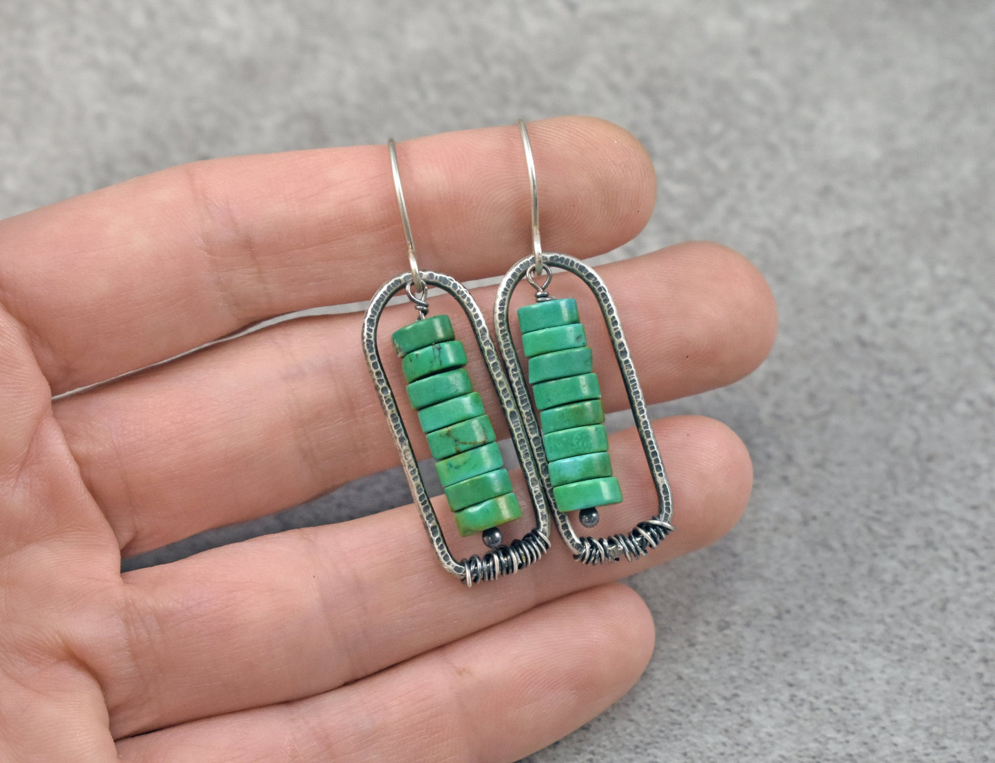 Turquoise Sterling Silver Earrings, Rustic Boho Jewelry Handmade, Unique Green Gemstone Dangles