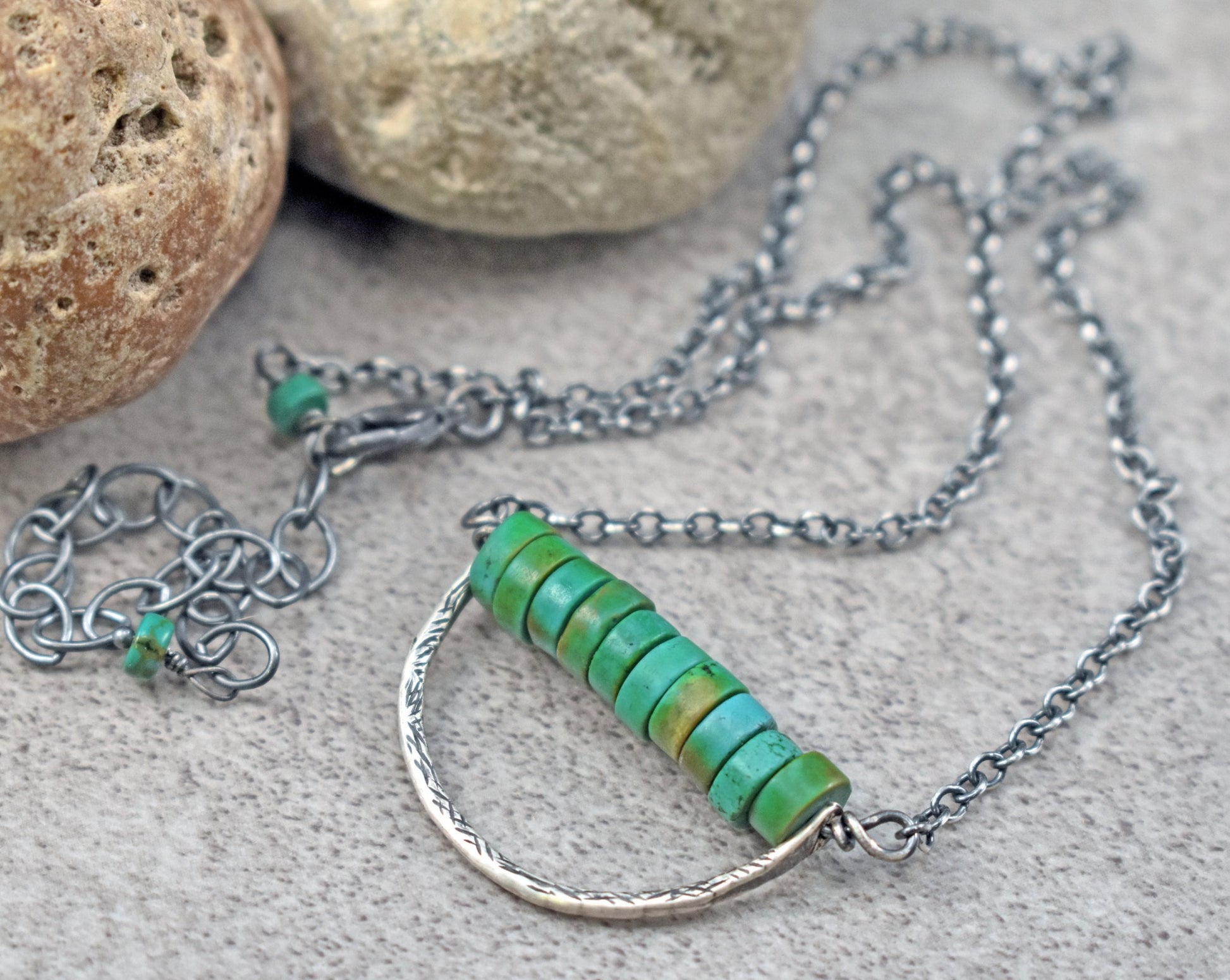 Simple Turquoise Sterling Silver Necklace, Unique Boho Style Jewelry, Artisan Handmade, Rusic Green Stone
