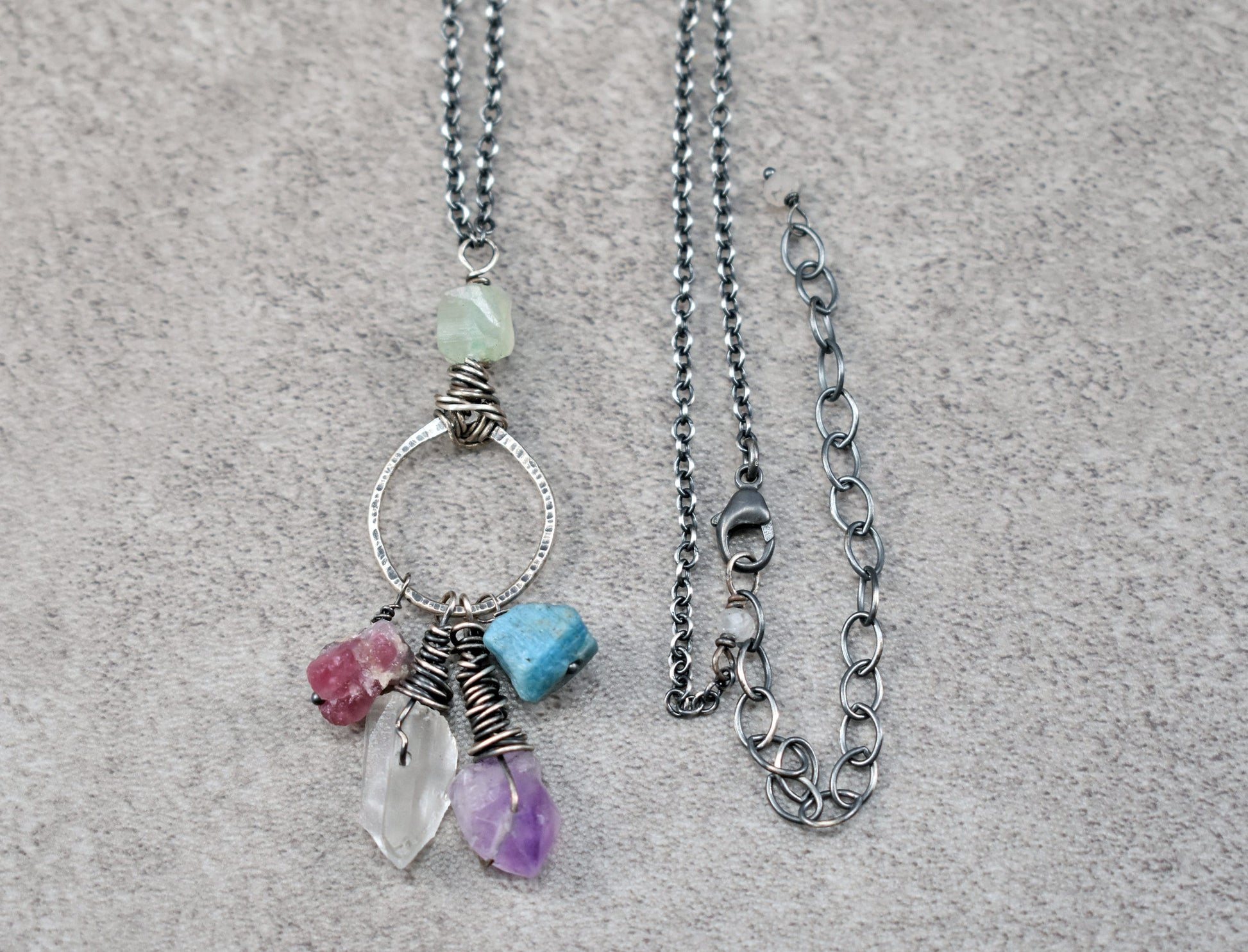 Multi Gemstone Sterling Silver Necklace, Raw Stone Circle Pendant, Apatite, Tourmaline, Quartz, Amethyst, Prehnite Jewelry
