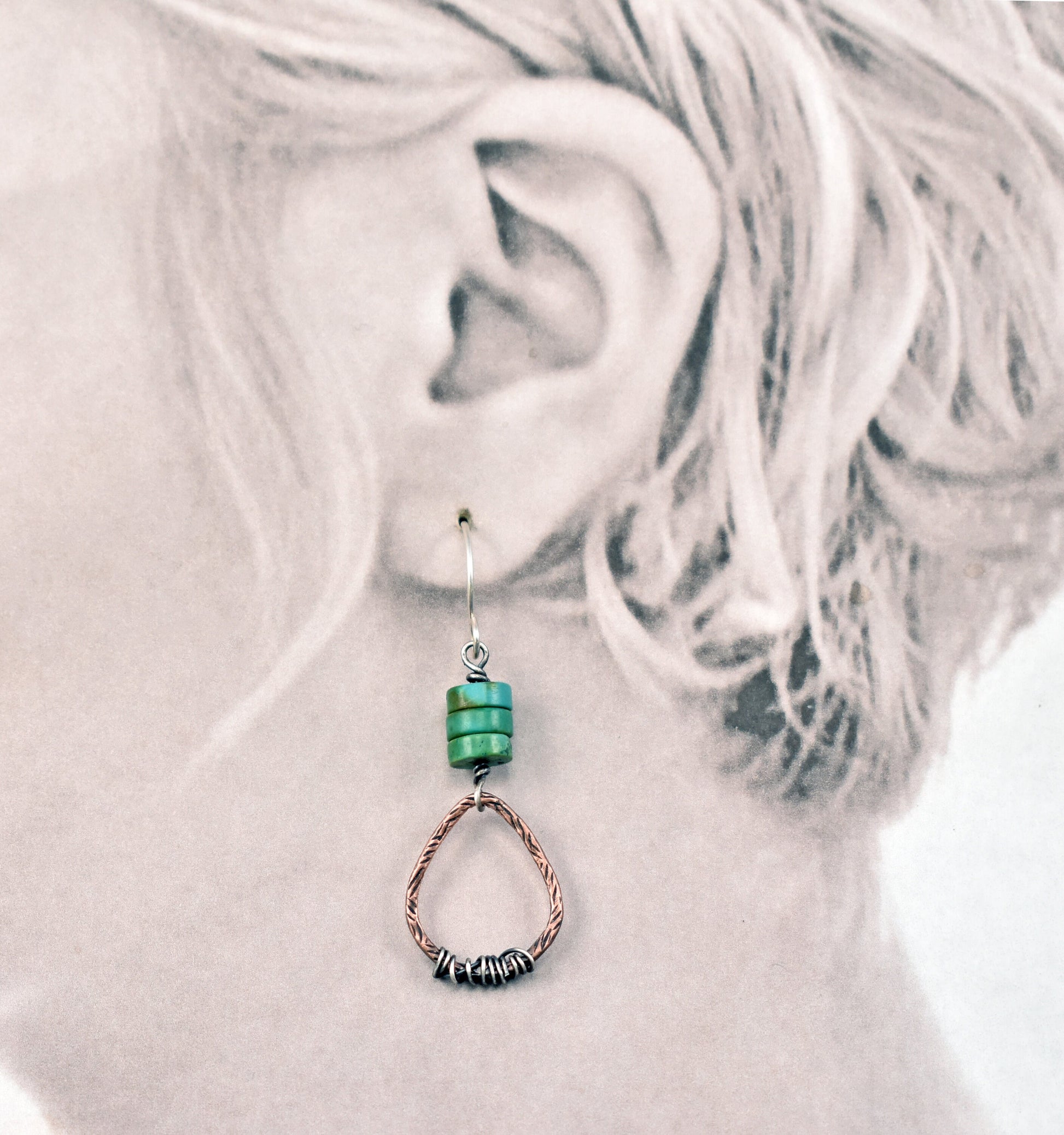 Green Turquoise Teardrop Earrings, Rustic Mixed Metal Jewelry Handmade, Unique Copper Sterling Silver Dangles