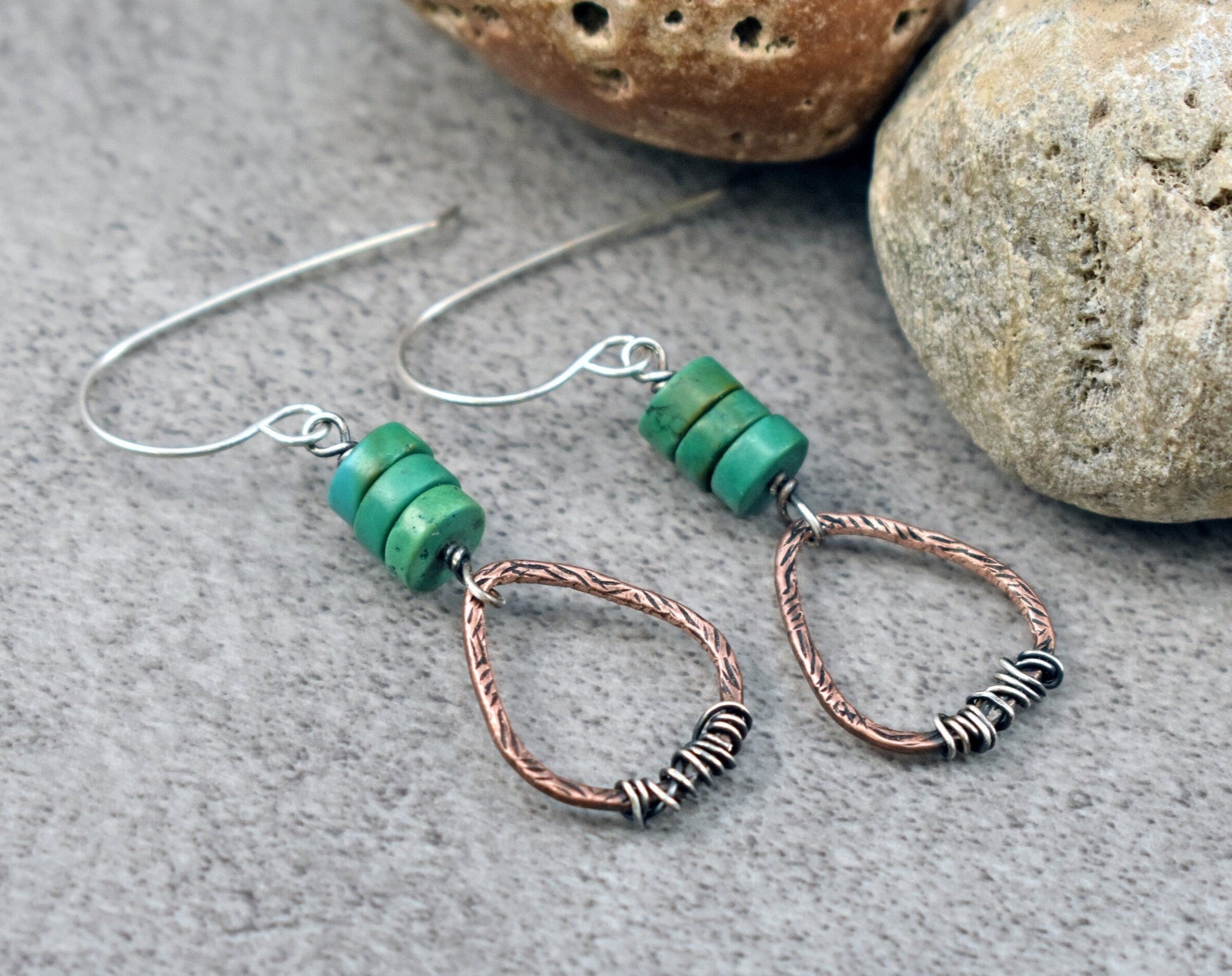 Green Turquoise Teardrop Earrings, Rustic Mixed Metal Jewelry Handmade, Unique Copper Sterling Silver Dangles
