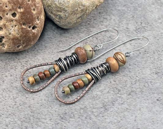 Red Creek Jasper Earrings, Natural Fall Color Stone Dangles, Rustic Copper Teardrop Jewelry, Mixed Metal