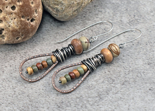 Red Creek Jasper Earrings, Natural Fall Color Stone Dangles, Rustic Copper Teardrop Jewelry, Mixed Metal