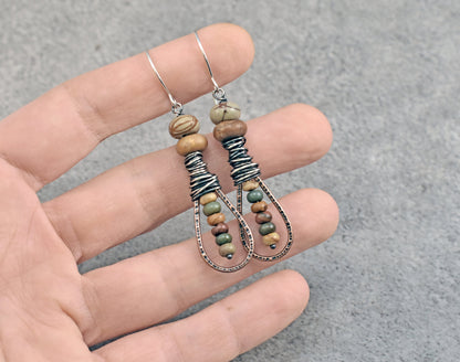 Red Creek Jasper Earrings, Natural Fall Color Stone Dangles, Rustic Copper Teardrop Jewelry, Mixed Metal